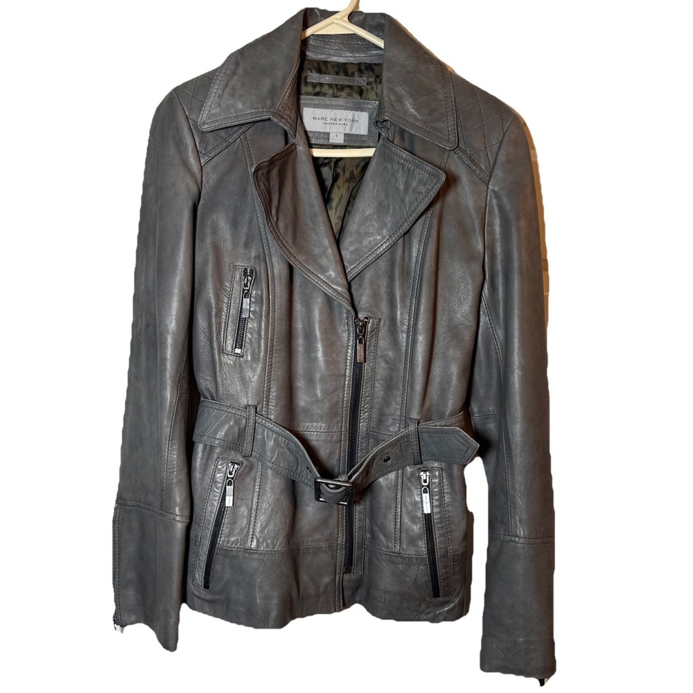 Marc New York Andrew Marc Gray Leather Moto Jacket Womens S Belted Zip